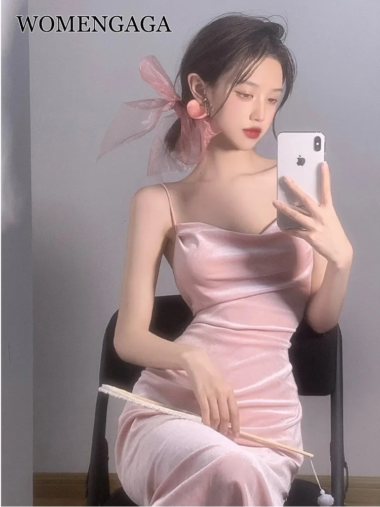 WOMENGAGA Summer Sexy Bright Pink Maxi Dress Long Tank Top Robe Low Cut Korean Womens Sweet O8EY 250403e