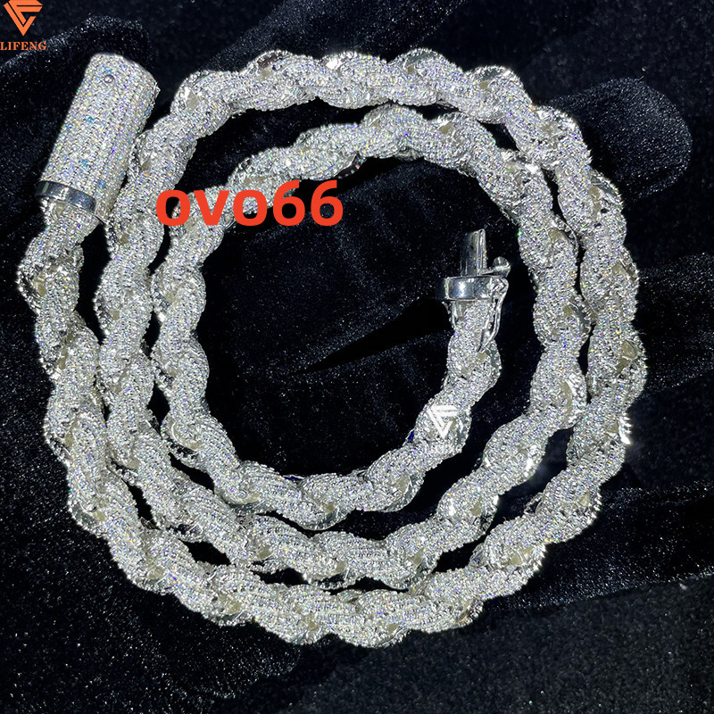 Hot Sale 8mm Iced Out VVS Moissanite Rope Chain Necklace White Gold Ready to Ship 925 Silver Rope Chain Fine Diamond Necklace