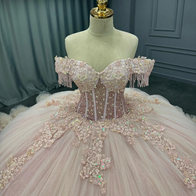 Pink Princess Quinceanera Dresses Off Shoulder Appliqued Lace Beading Crystal Tiered Tull Sweet 16 Dress Ball Gown Vestidos 15 Anos
