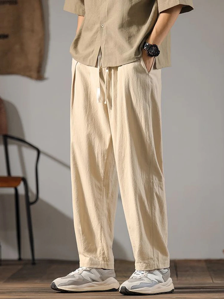 Japenese Cotton Linen Pants Men Summer Straight Casual Ice Silk Sweatpants Male Wide leg Oversize Linen Trousers 250402