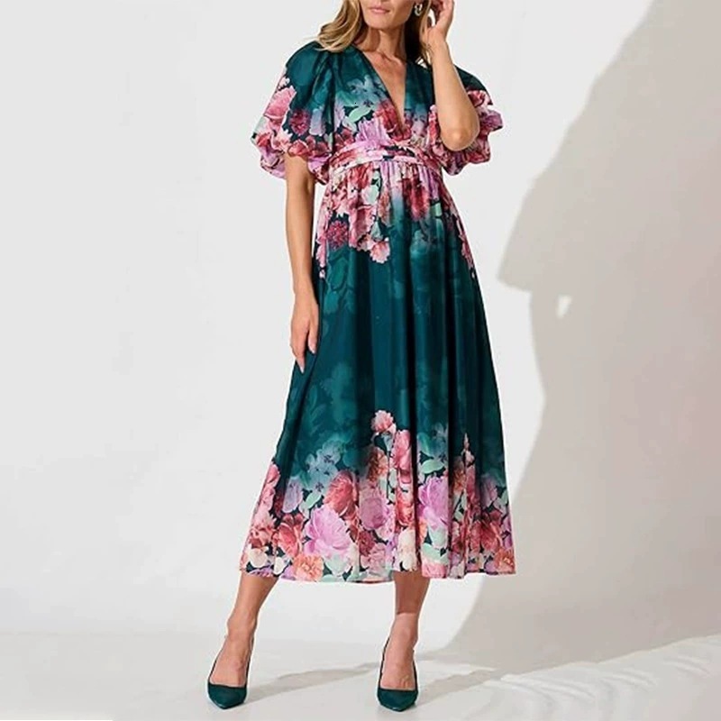 2025 new womens clothing intellectual and elegant V-neck long printed dress