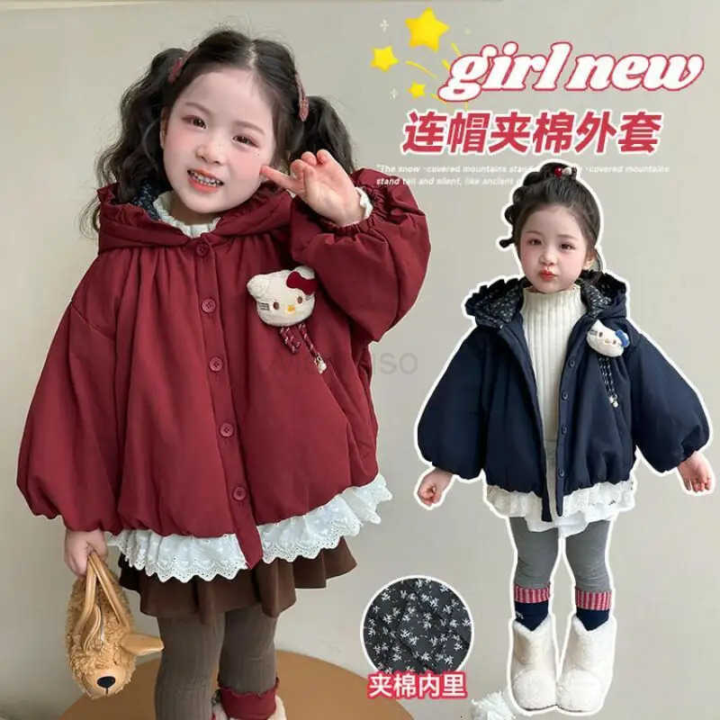 Sanrio Hello Kitty Girl Cotton jacket Kawaii Fashion Winter Student Casual Zipper Keep Warm Thickening Tops Lace Childrens Clothing H251104