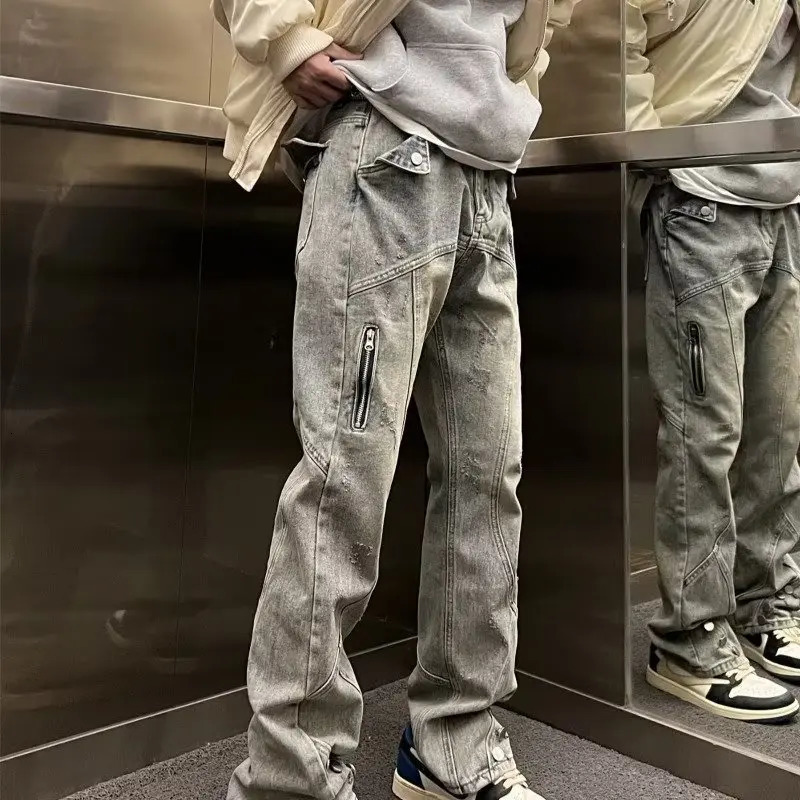 High Street American retro jeans with loose fit for men and women zipper slack 250402