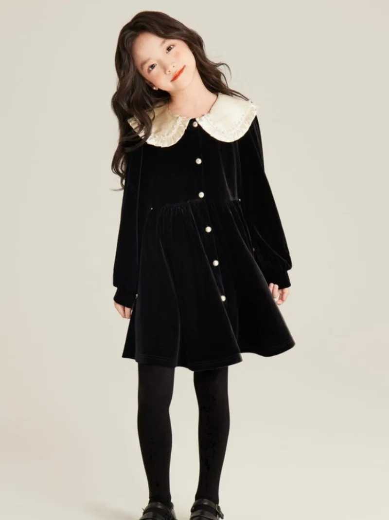 Girls Autumn/Winter High-end Fleece-lined Velvet Elegant Black Princess Gown Dress - 4-12 Years Old C251104