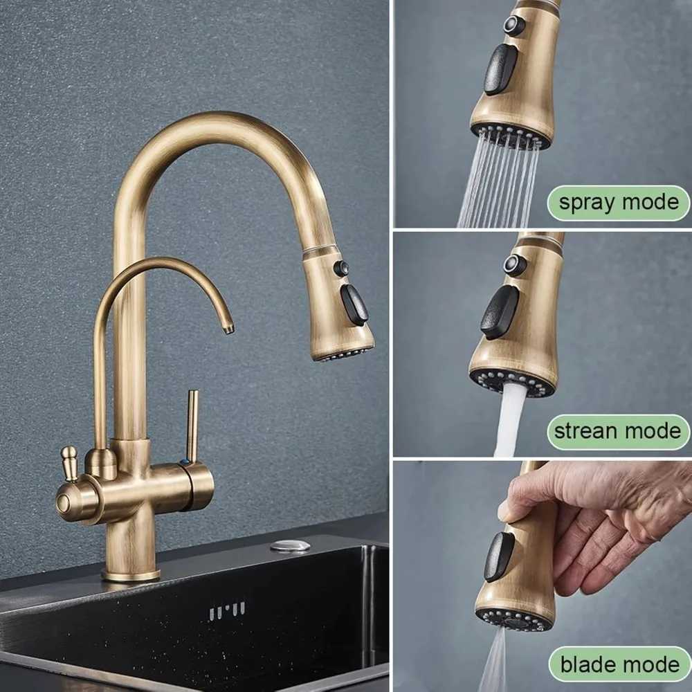 Vintage Brass Pl-Down Kitchen Faucet with Swivel Spout and Triple Function Spray Y251104