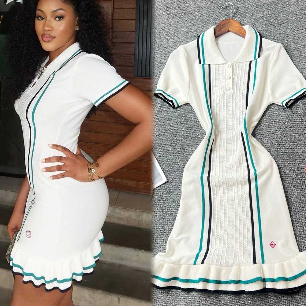 YuooMuoo Women Dress 2025 Summer Vintage Turn-down Collar Knitted Mini Dress Lady Slim Elastic Ruffled Bodycon Party Dress Robes X250403