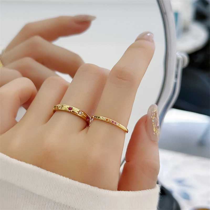 INS Stainless Steel Rainbow Color Cubic Zircon Stone Finger Rings for Women Gold Plated Waterproof Stacker Ring Jewelry GiftXJ251104