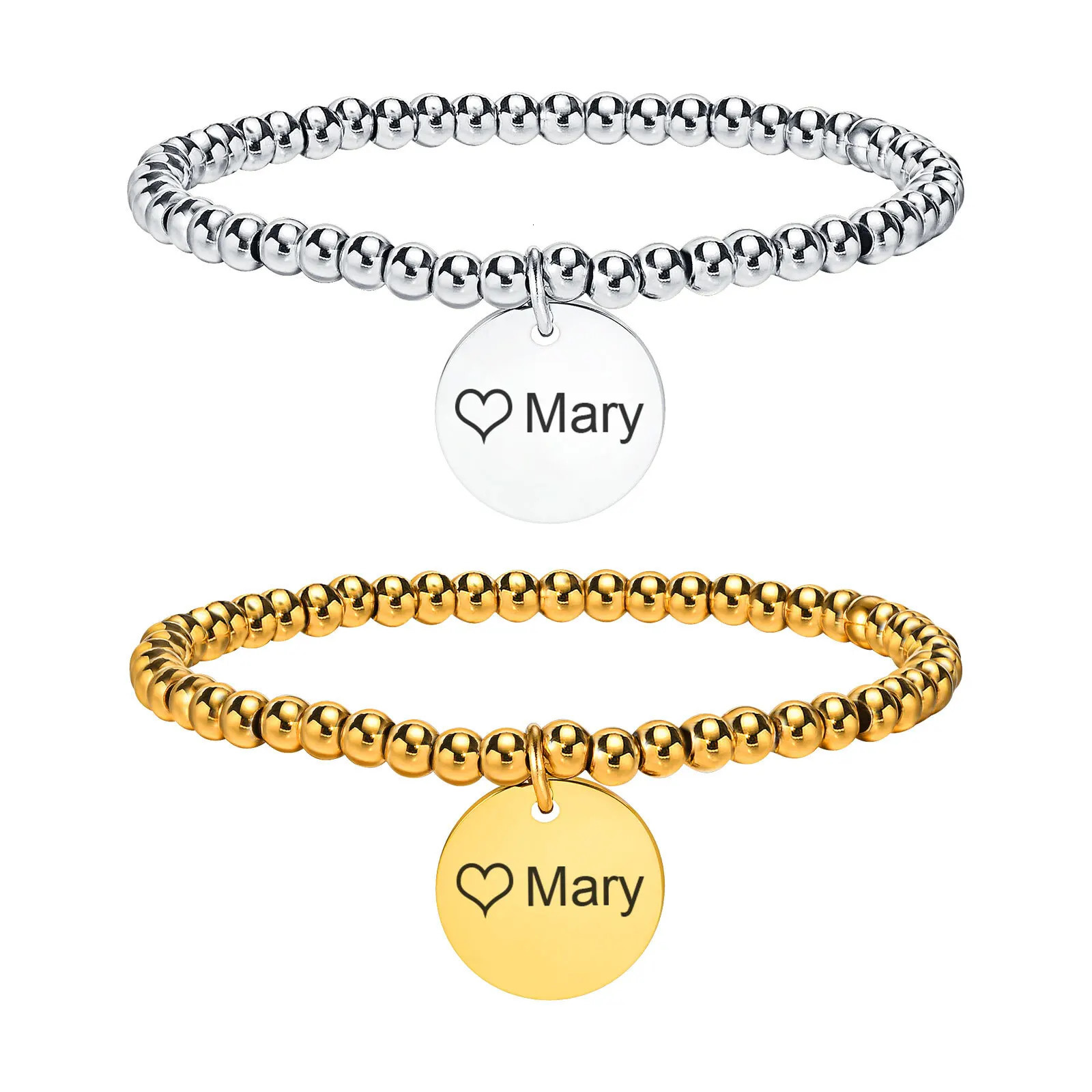 Free Customized Coin Disc Charms Bracelet Elastic Beaded Strand Bracelet for Women Stainless Steel Initial Name Personalized 250327
