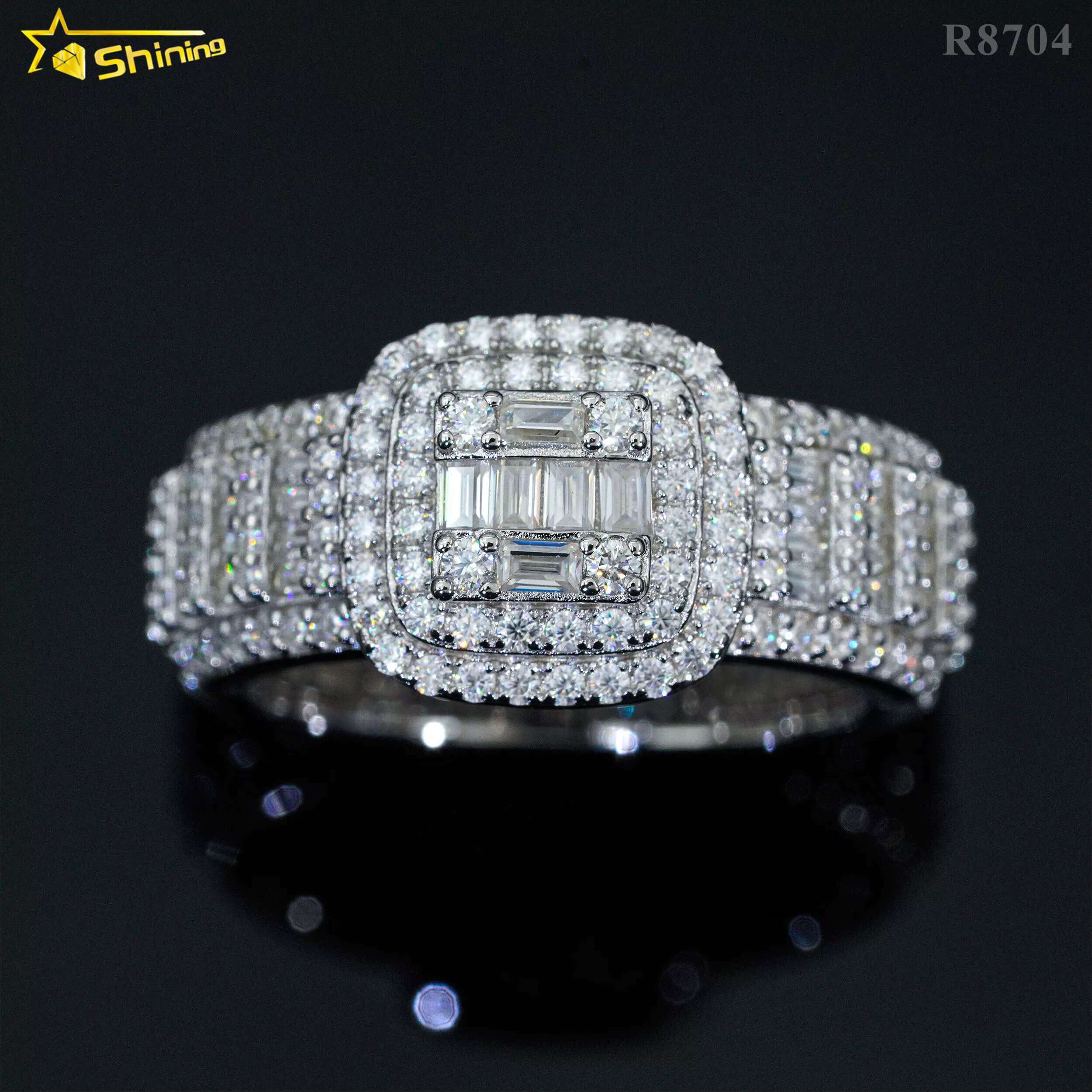 Hip Hop Jewelry Gold Plated 925 Silver Luxury Mens Ring baguette Moissanite Diamond Iced Out Rings