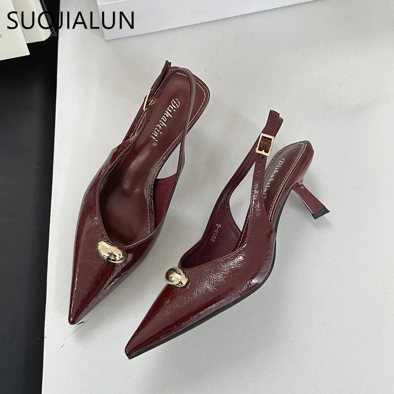 SUOJIALUN Summer Women Sandal Shoes Fashion Pointed Toe Shallow Slip On Ladies Elegant Slingback Shoes Pumps 251030