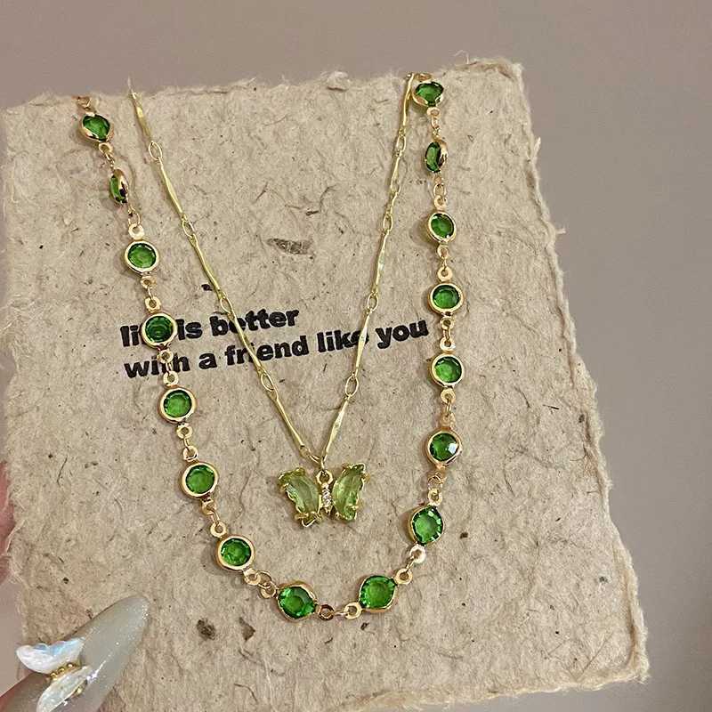 Korean Fashion Double layered Green Butterfly Necklace For Women Elegant Zircon Butterfly Pendant Choker Chain Girls JewelryXJ251104