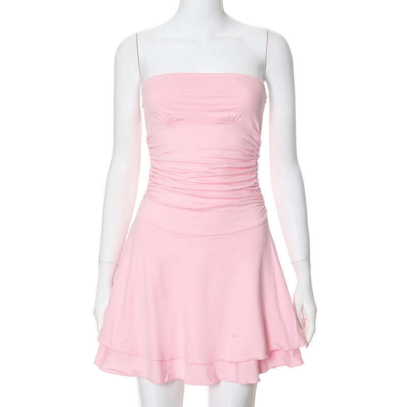 M23DS735 European and American women's fashionable slim fit high waist pleated skirt solid color strapless dress wholesale 2025 new casual versat