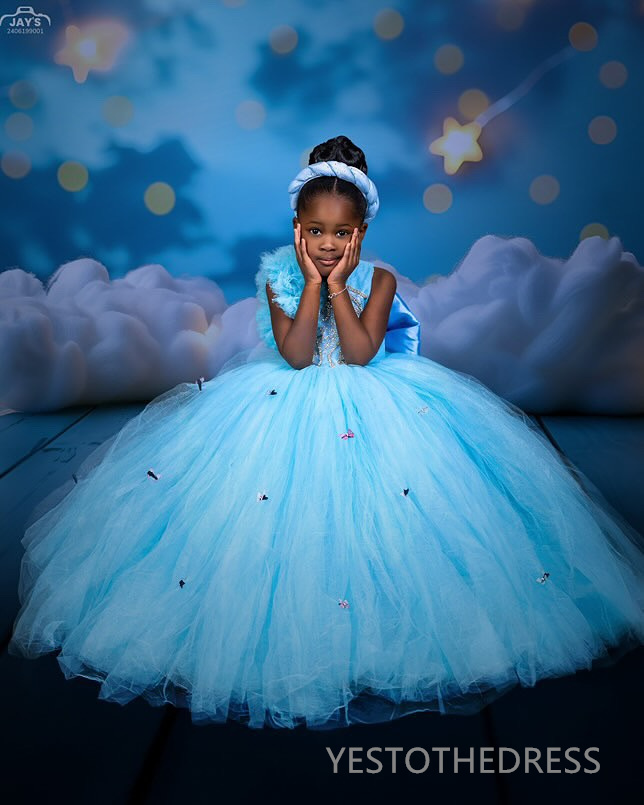 2025 Aso Ebi Blue Flower Girl Dresses Children Birthday Dress Illusion Sheer Neck Rhinestones Beaded Lace Tiered Tulle Princess Queen Ball Gown For Ma