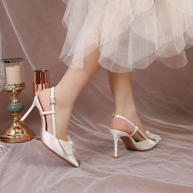 French Wedding Women 2025 New White Bridesmaid Shoes Bow High Heels Elegance Sandals