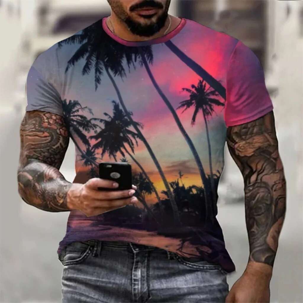 Fashionable and Lnteresting Beach Palm Pictures For Men's T-Shirts Trend Digital Printing Casual Round Neck Short Sleeved
