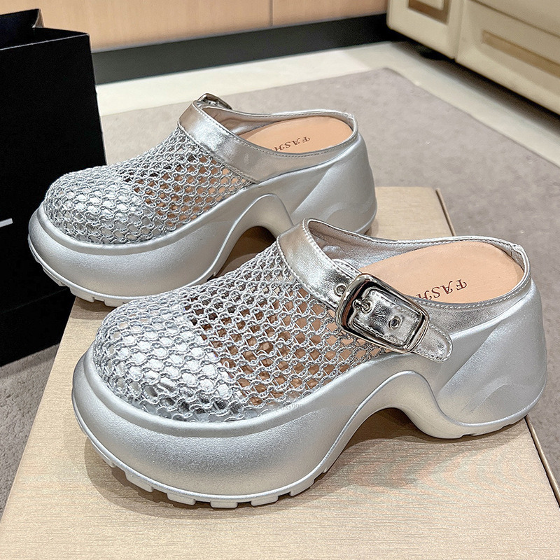 New Designer Sandals With Free Shipping Cool Women's 2025 Woven Baotou Half Slippers Sponge Cake Thick Sole Foot Stomping Hollow Slippers