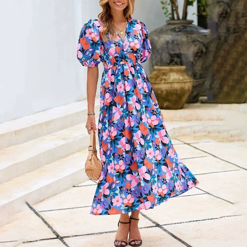 2025 new womens clothing intellectual and elegant V-neck long printed dress