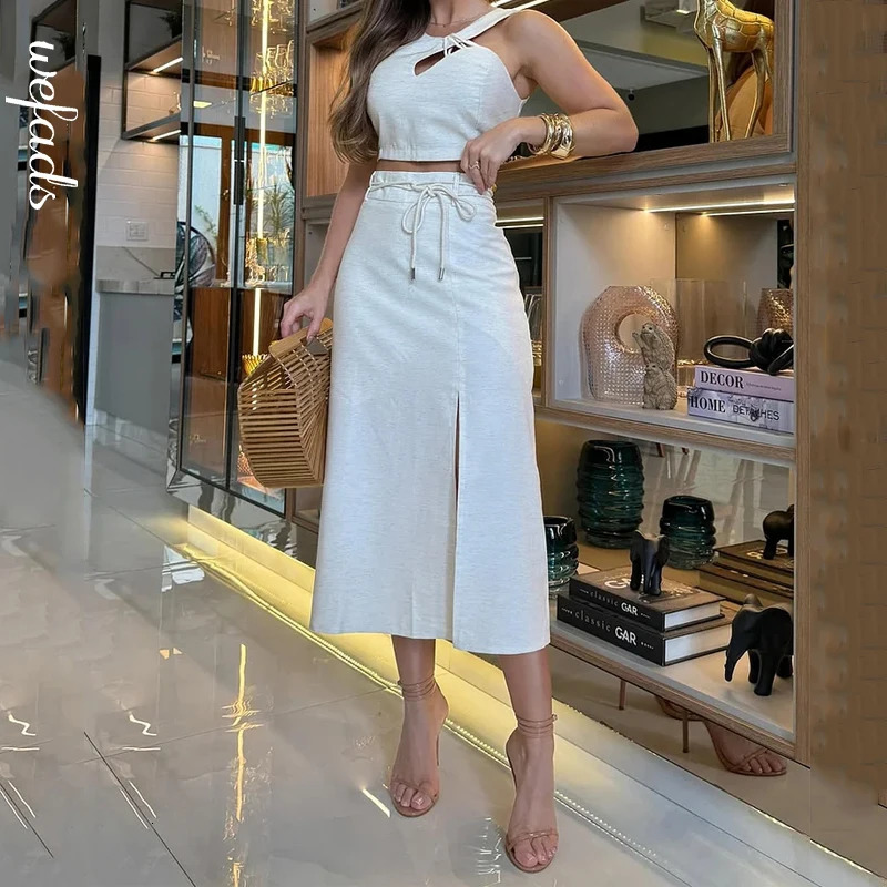 Wefads Two Piece Set Summer Elegant Hollow Out Irregular Solid Sleeveless High Waist Top A Line Slit Midi Skirts Sets Streetwear 250403