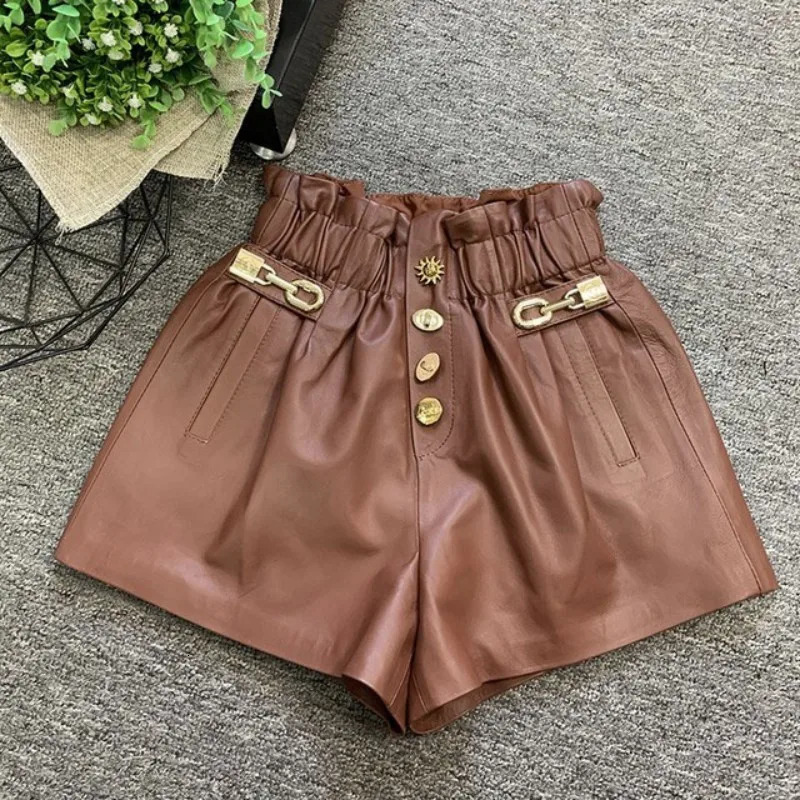 Womens elastic waist wide leg shorts casual metal button leather soft sheepskin 250401