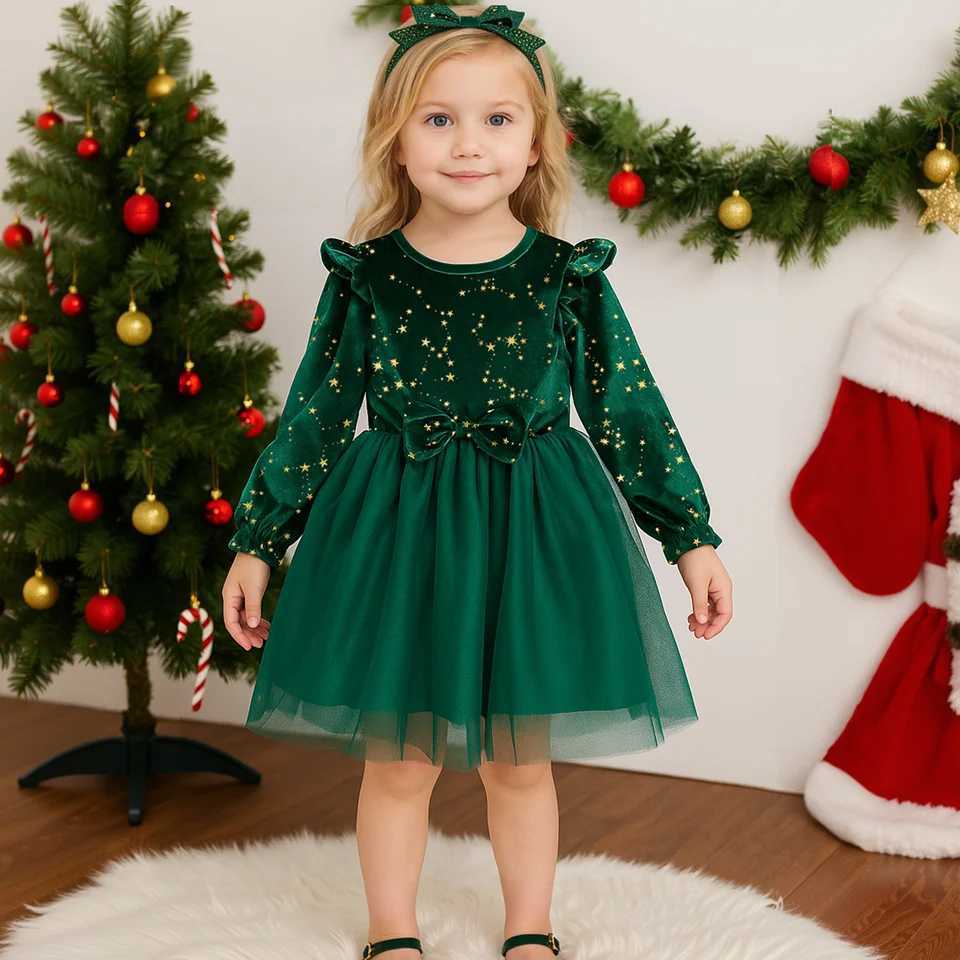 Girl Dress Autumn Winter Velvet Long Sleeved Mesh Bow Princess Dress Childrens New Year Children Party Festive Dress For Girl C251104