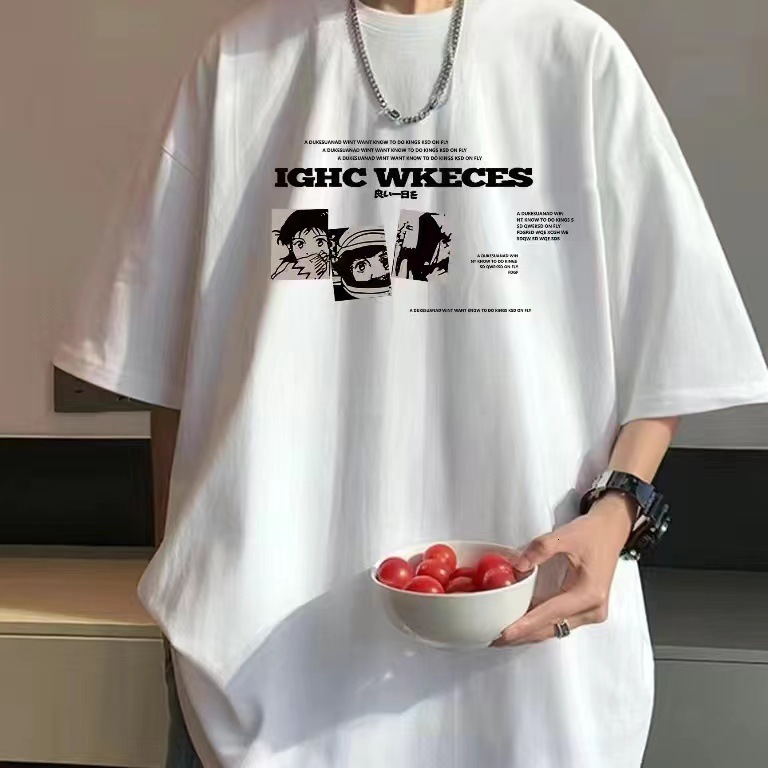 New summer design sense niche cartoon print short sleeved men's trendy brand T-shirt with 5/4 sleeves