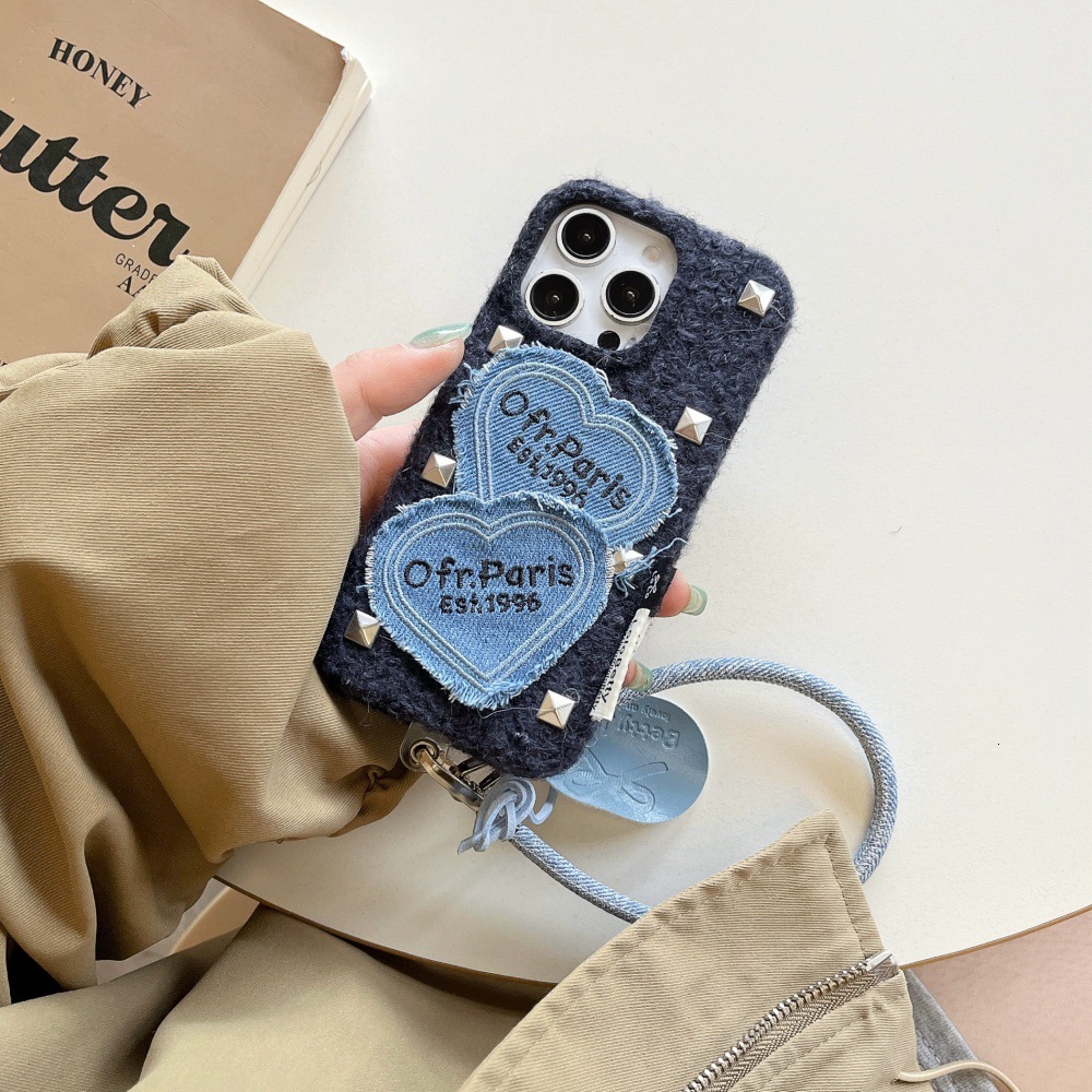 Punk Style Rivet Heart Patch Phone Case Compatible with iPhone 17/16 Pro Velvet Case iPhone 15/14 Cartoon