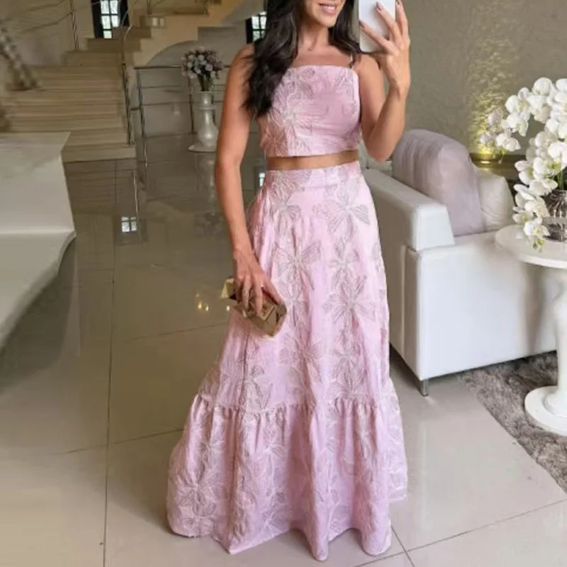 Casual Bohemian Holiday Outfit 2025 Summer Sling Top with Long Skirt Two Piece Sets Fashion Flower Print Hollow Slim Women Suit 250403