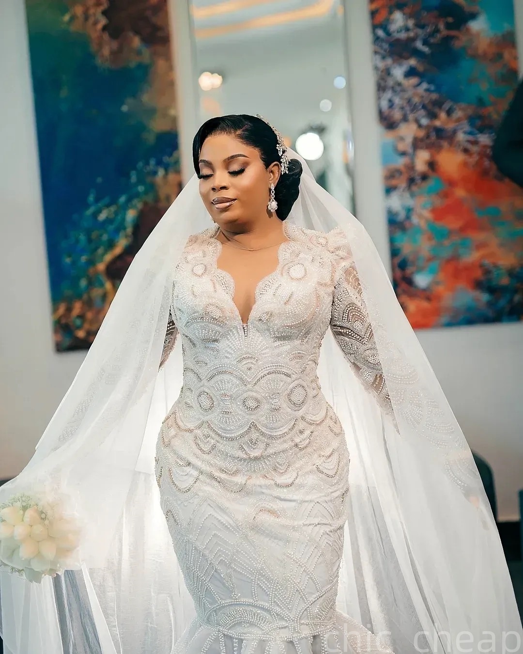 2025 Arabic Aso Ebi Plus Size White Wedding Dress Beaded Crystals Full Sleeves Organza Luxurious Bridal Gowns Dresses ZJ0557