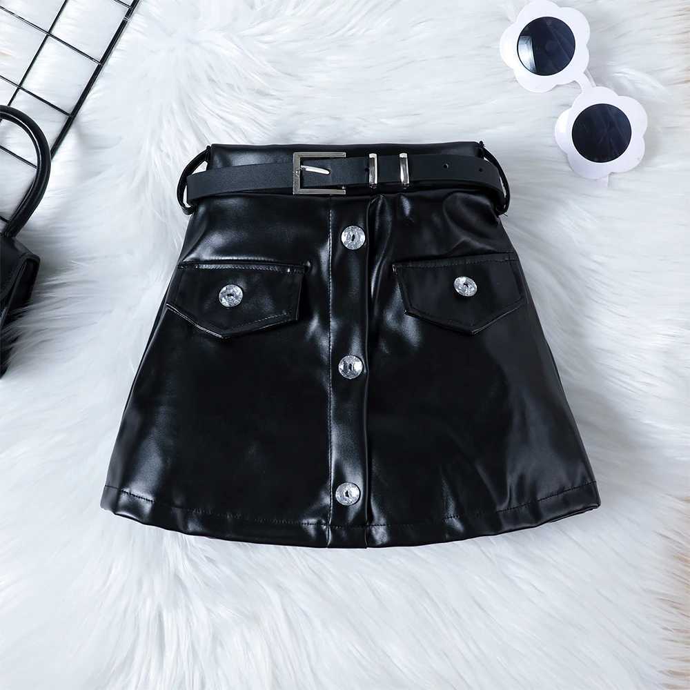 Summer Children Girl Clothes Street Fashion PU Leather Halter Short Vest+Skirt with Belt 3pcs Suit Kids Girls Set For 1-6 Years J250403