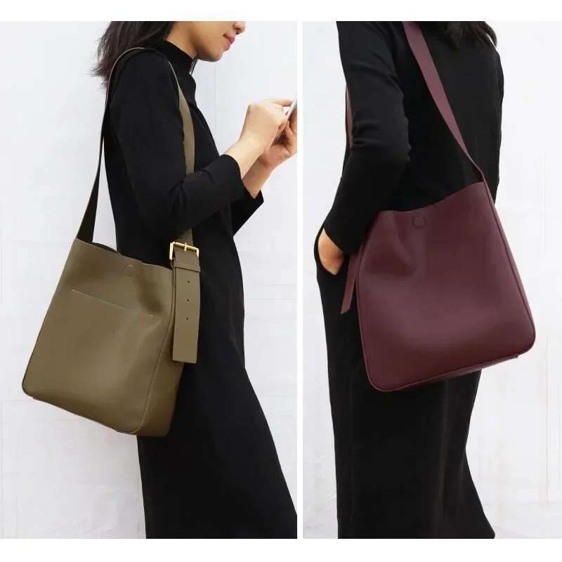 Soft Cowhdie Minimalism Women Bucket Elegant French Style Lady Large Tote Thick Real Leather Bag 2024