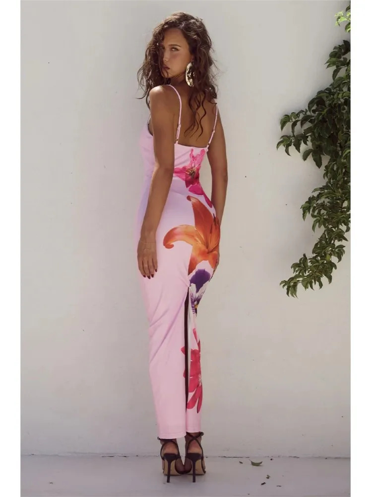 Floral print ultra-thin spaghetti strap dress womens sexy suit Hip Bodycon fashionable womens party club long dress 250328