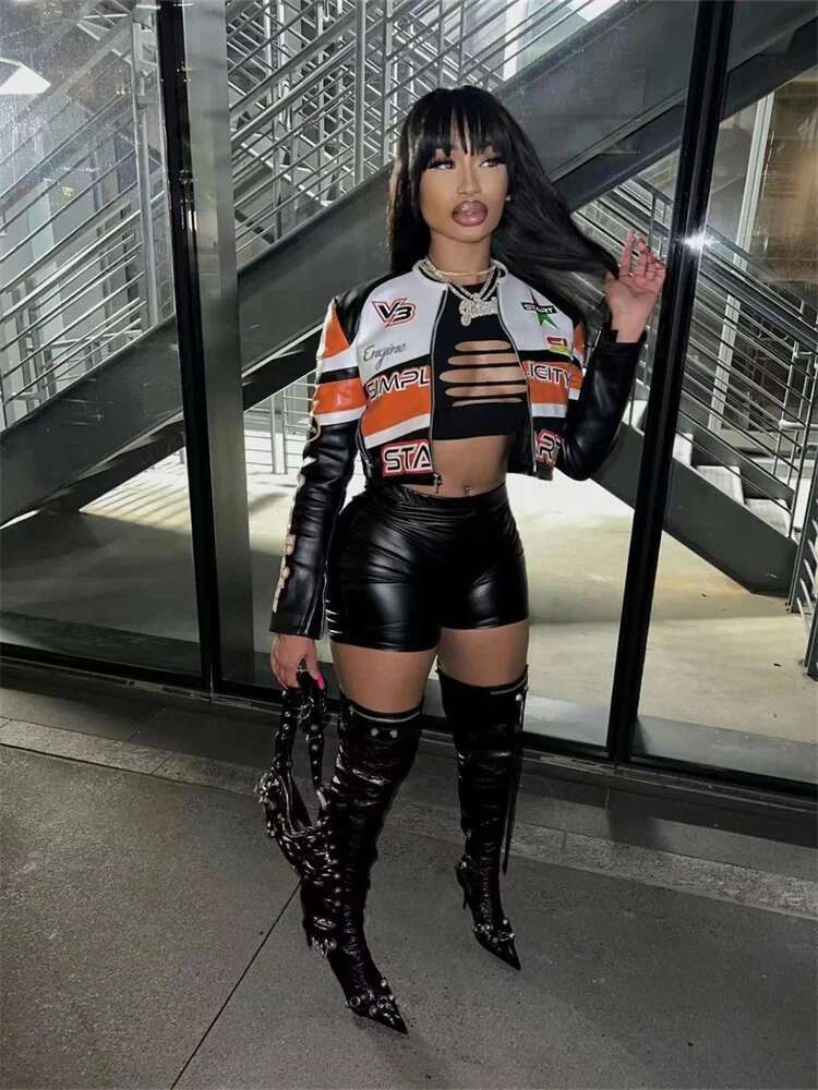 Orange Fashion Streetwear Casual Zip Up Jacket For Women 2023 Patchwork Crop Tops Fashion Jackets Trend Coats