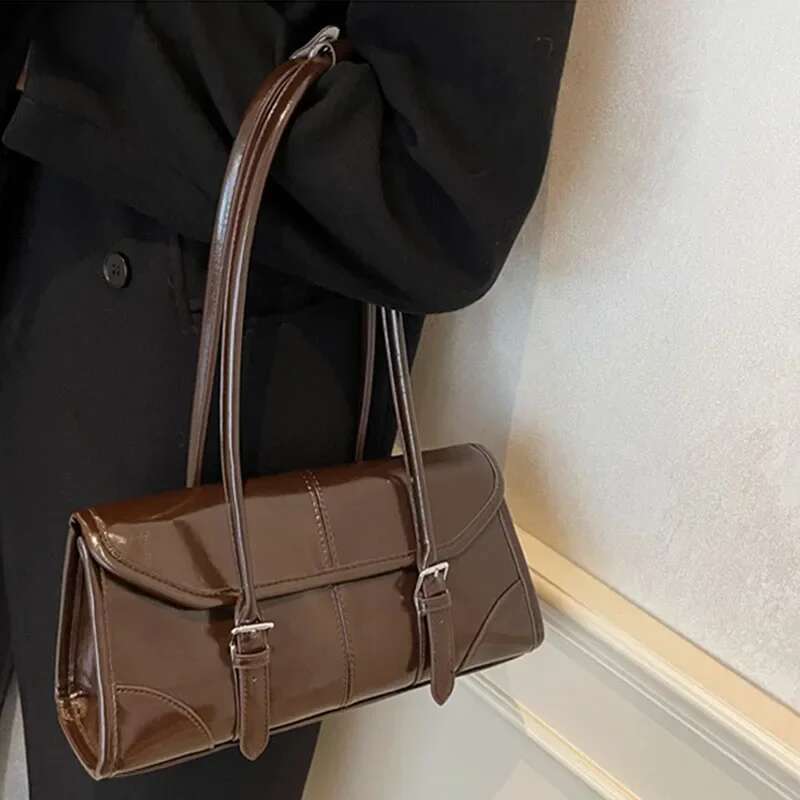 Retro Oil Wax Leather Shoulder For Women 2025 Winter Y2K Trend Solid Color Bury Underarm Bag Women's Handbags Tote Bags