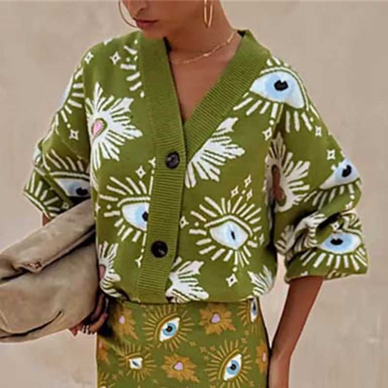 Vintage Geometric Print Sweater Cardigan Woman Elegant Single Breasted V Neck Jacket Autumn Long Sleeve Loose Knitwear Top Mujer J251103