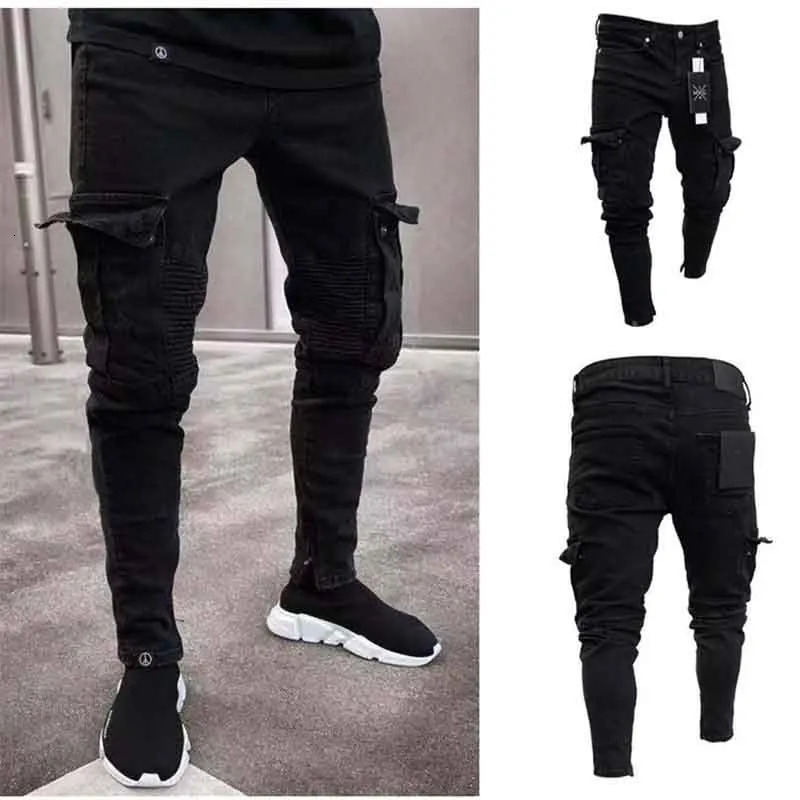 Mens Black Side Multi Pocket Cargo Jeans Fashion Hole Zipper Small Foot Denim Pants Cotton Elastic Jogging Trousers Street Clothing 250403e