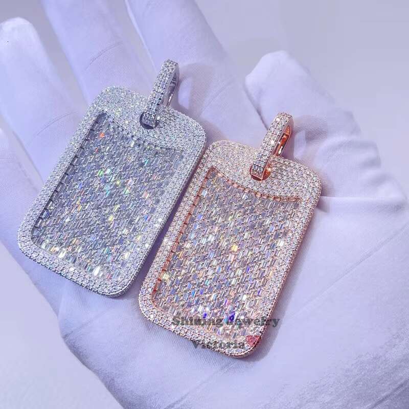 White Gold Rose Gold Hip Hop Iced Out VVS Moissanite Diamond Baguette Dog Tag Pendant