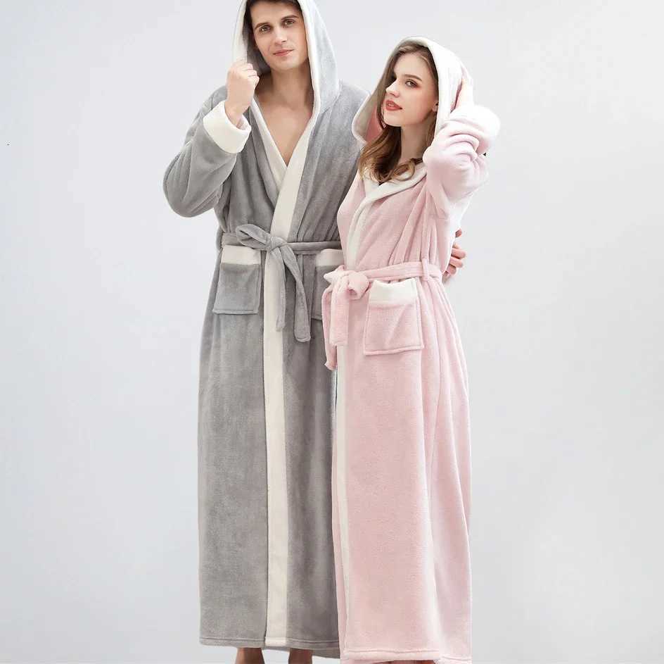 Autumn Winter Flannel Long Bathrobe Kimono Gown Thicken Warm Hooded Robe Home Dress Loose Casual Couple Sleepwear Lounge Wear C251104