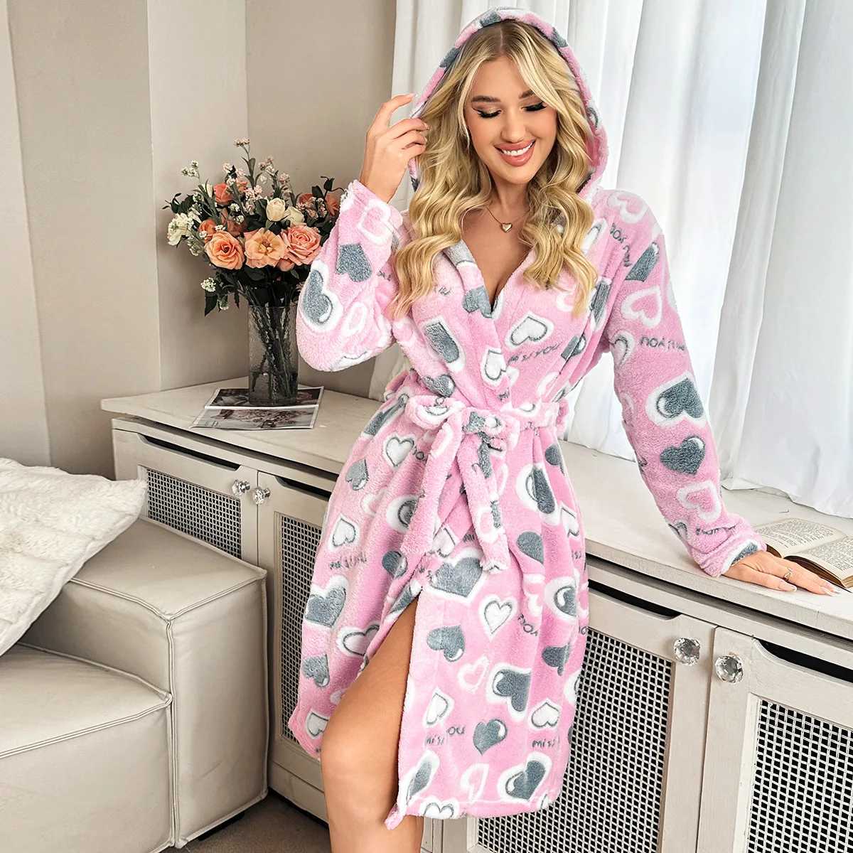 Womens Autumn/Winter Plush Loose-Fit Robe Long-Sleeved Double-Faced Velour Tie-Waist Warm Nightwear Homewear Morning Robe C251104