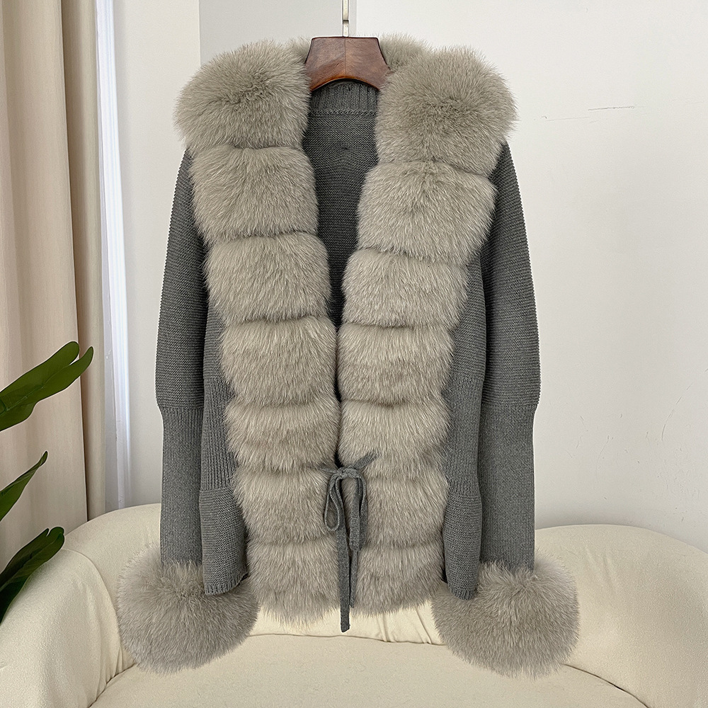 Autumn Winter New Detachable Real Fox Fur Placket Cuff Fur Knitwear Fur Coat 241121