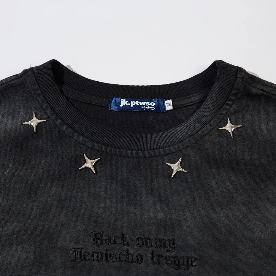 Distressed Ripped T-shirt Metal Star T-shirt Emrboidery Retro Loose T-shirt Mens Harajuku Street Clothing Extra Large Hip Hop T-shirt 250403