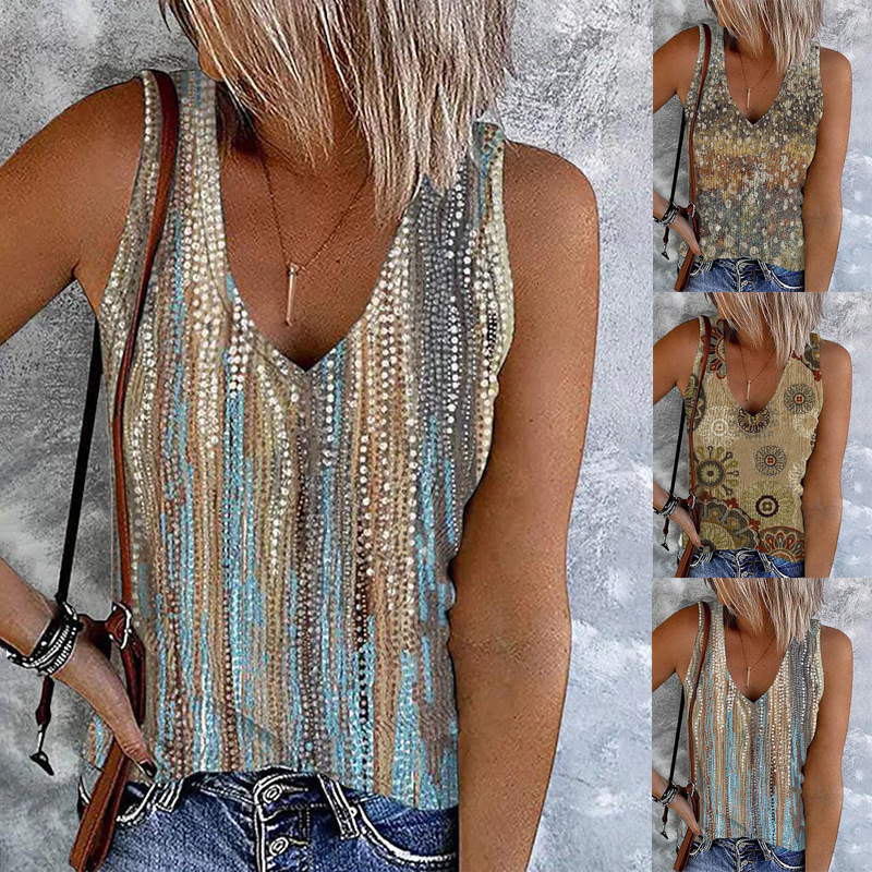 2025 Summer New Women's Casual Print V-neck Sleeveless T-shirt Tank Top