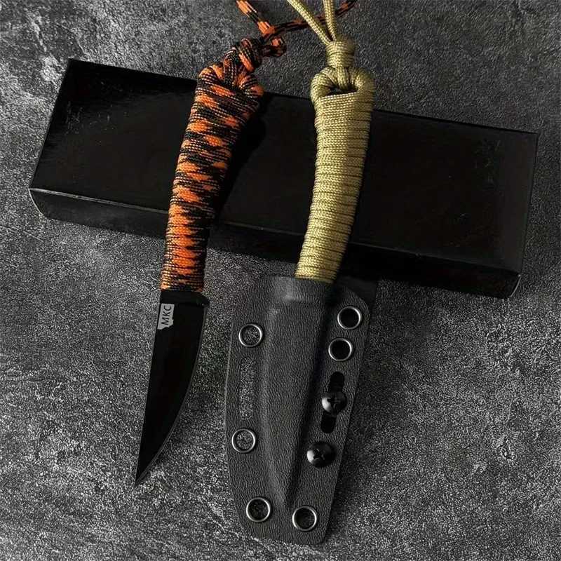 MKC Mini Straight Knife Nylon Rope Handle 440C Blade Outdoor Camping Adventure Fighting Portable Multi purpose Knife Mens GiftT250402