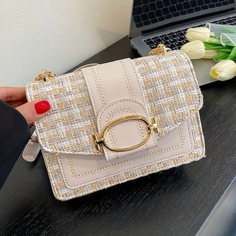 2025 New Chic Mini Checkered Floral Crossbody Bag with Adjustable Shoulder Strap Designer Fashion Buckle Closure Available in Cream Green Blue Black2