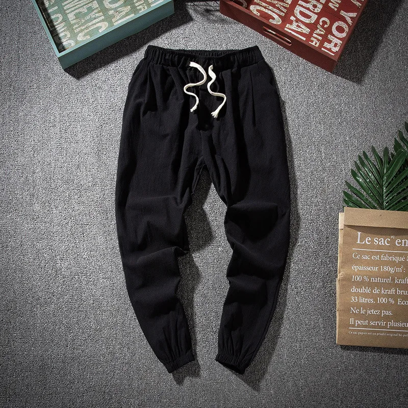 Cotton Linen Harem Pants Men Solid Elastic Waist Streetwear Joggers Baggy Drop-crotch Pants Casual Trousers Men Running 250402