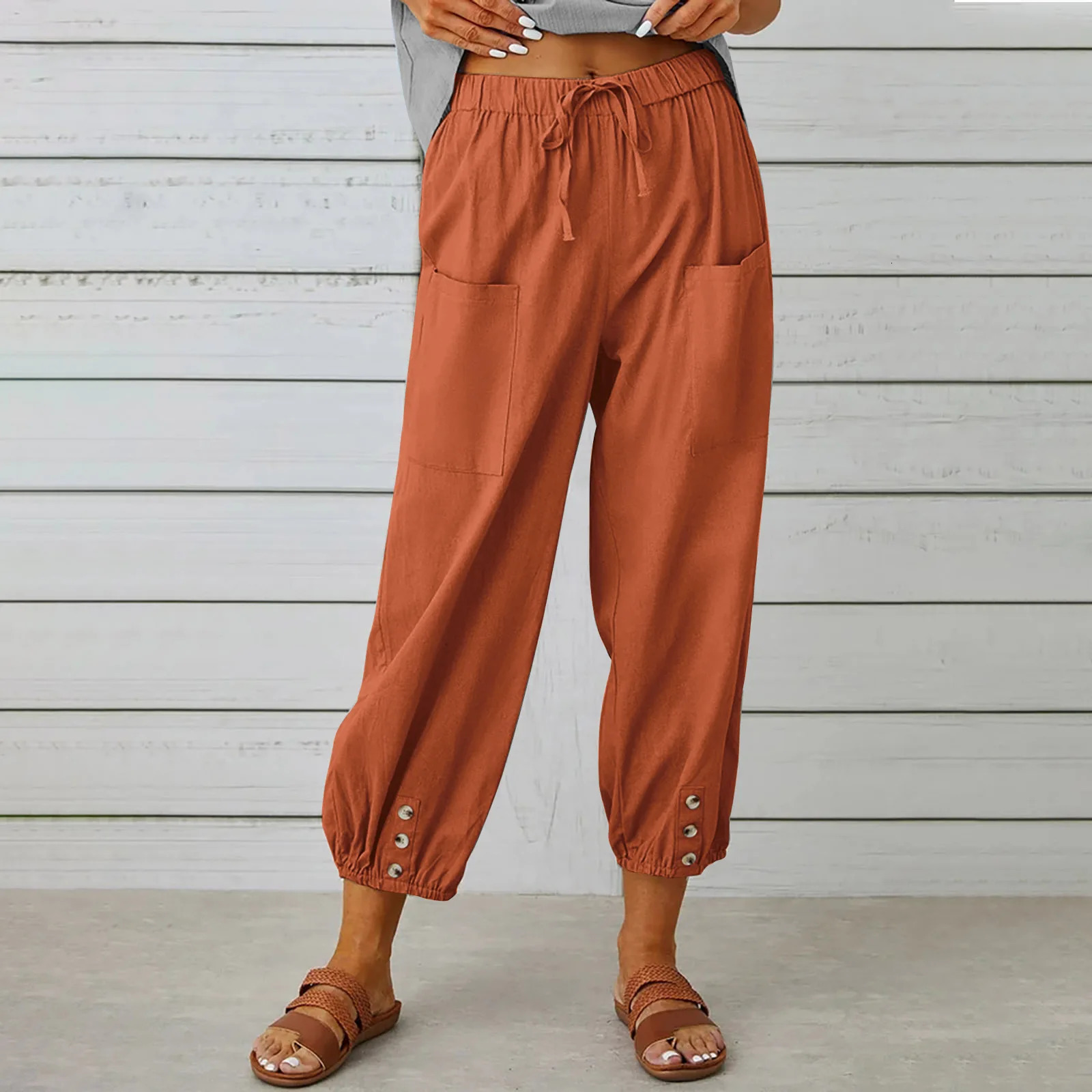 Women Simple Casual Trousers Cotton Linen Solid Color Pockets Drawstring Trousers Summer Thin Ladies Elastic Waist Chino Pants 250403