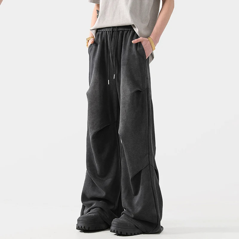 2025 Spring Pleated Design Washed Pants Men's American Street Drawstring Niche Casual Wide Leg Trousers New Fashion Z260315