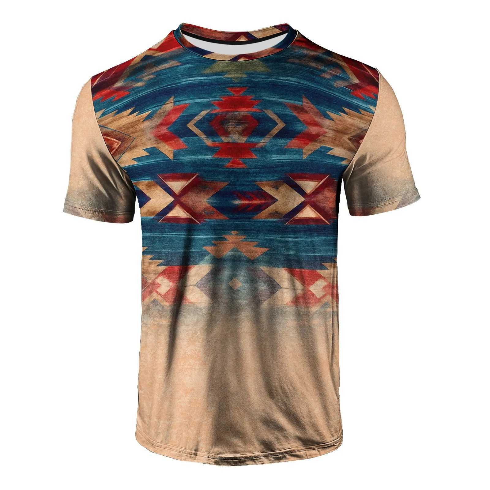Mens retro T-shirt ethnic print short sleeved fashionable oil T-shirt bohemian style loose pattern suitable for daily wear W250403