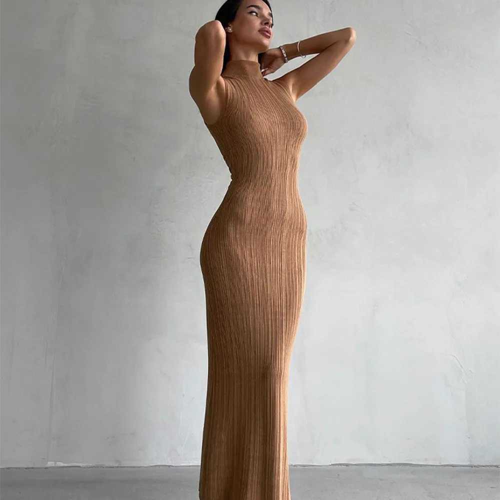 Talenza Knitted Slveless Slim Long Dress Womens Fashion Elegant Evening Dress High Neck Solid Color Sexy Knitted Long Dress X2504031