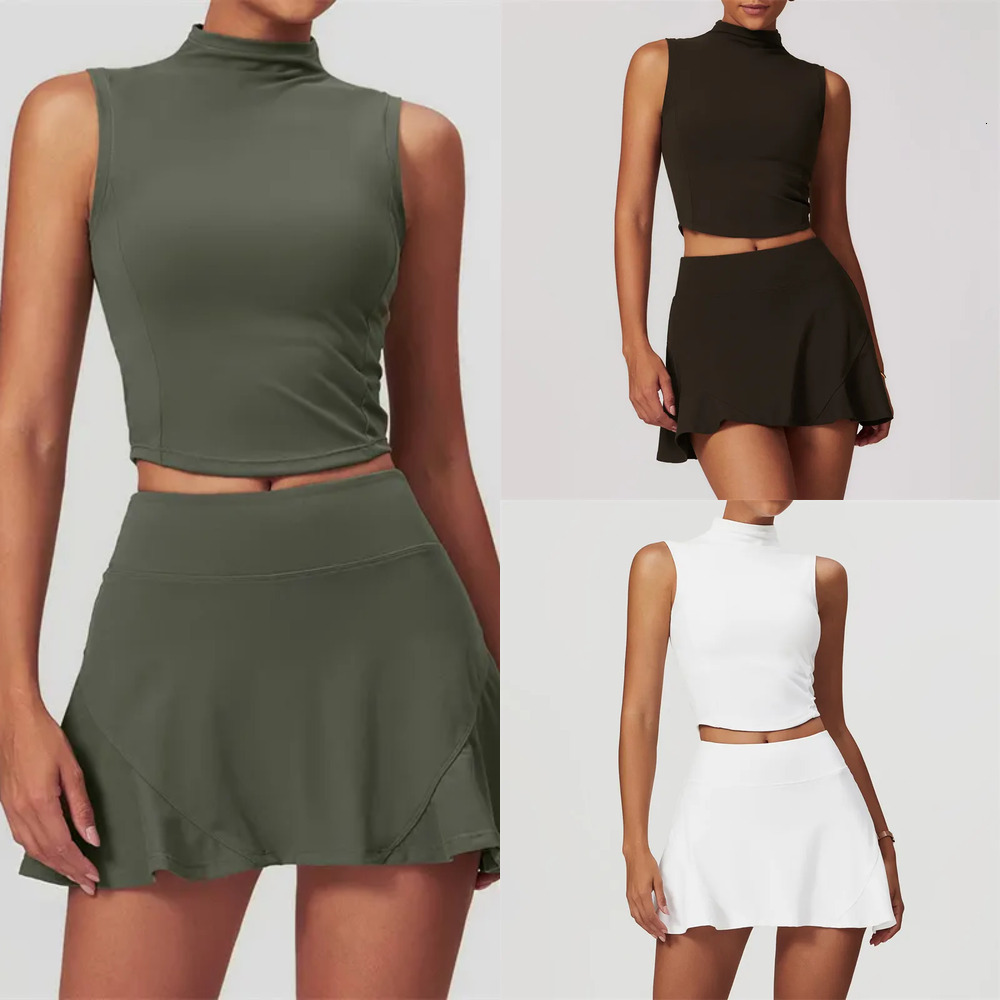 Women s Two-piece Yoga Set Skirt Vest Tennis Sports Running Tight Skirt Elastic High Waist Sports Slimming Sleeveless Top