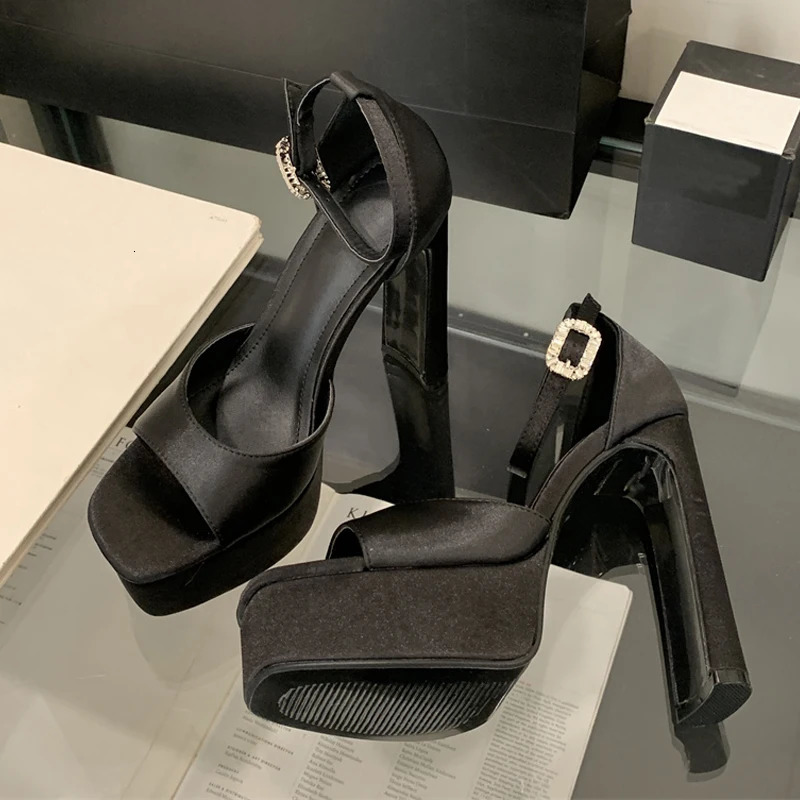 Liyke Runway Style Black High Heels Platform Sandals For Women Cozy Silk Square Toe Buckle Strap Lady Party Dress Shoes Size 40 251030